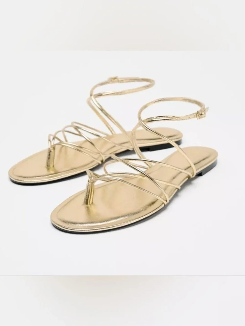 Zara Gold Metallic Strappy Flat Sandals Size 37 US 6.5 Thong Ankle Strap Minimal - Picture 2 of 7